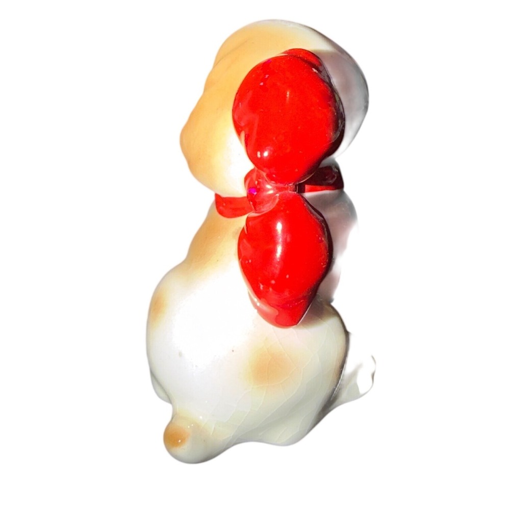 Japan Ceramic Puppy Figurine Small White Tan Red Bow Vintage Kitsch Decor - Picture 4 of 6